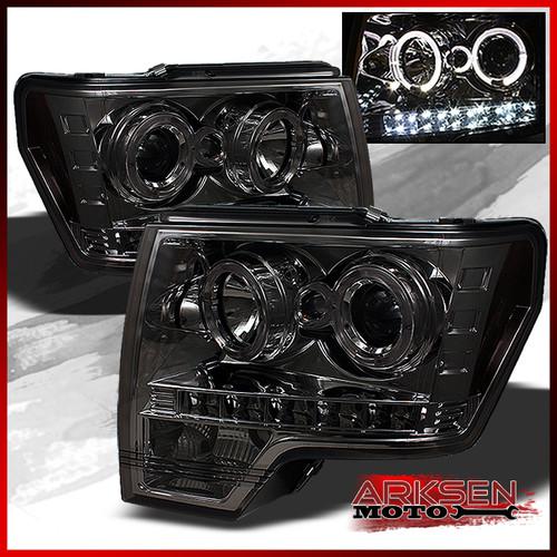 Smoked 09-13 ford f150 pickup dual halo projector led headlights lamps pair set