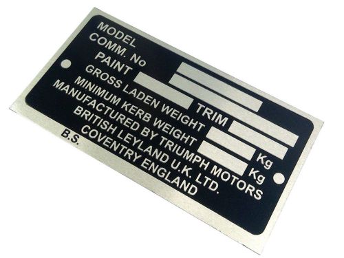 Triumph motors - anodized aluminium custom etched plate-50 pieces