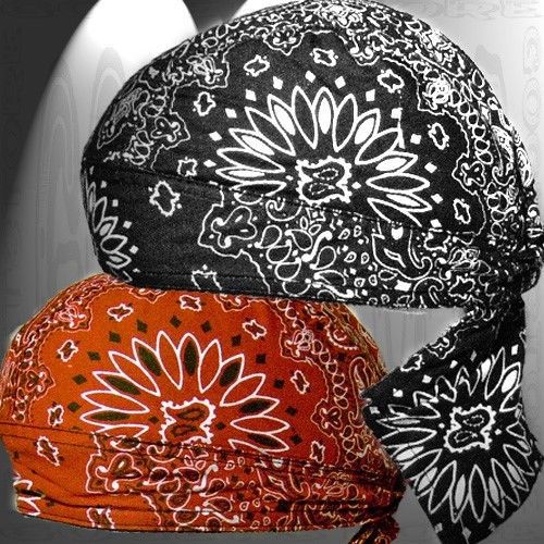 Red paisley black do sweat band skull cap doo rag head 2 lot look biker du hat