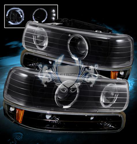 99-02 silverado blk led halo projector headlights/bumper signal lamps assembly