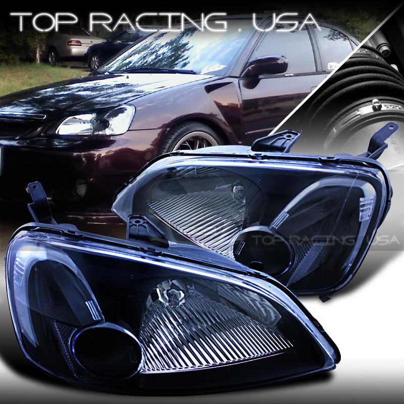 01-03 honda civic jdm crystal style headlights lamps black / clear reflector