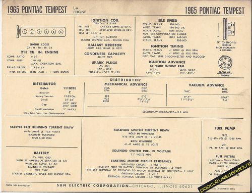 1965 pontiac tempest l-6 215 ci engine car sun electronic spec sheet