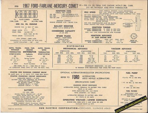 1967 ford fairlane/mercury comet v8 390 ci/275 hp car sun electronic spec sheet