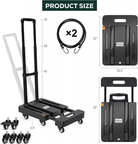 Folding hand truck dolly cart, 500lb heavy duty foldable cart with 6 black