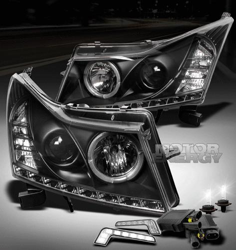 2011 2012 chevy cruze halo led black projector head lights w/drl+6k hid kit pair