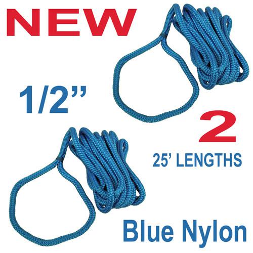 2 new 25' double braid 1/2" nylon dock line,marine boat tow rope,blue