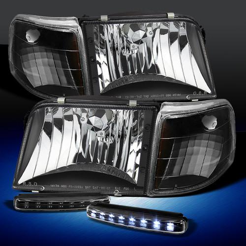 Black 93-97 ranger crystal headlights+amber corner signal+drl led fog lamp combo