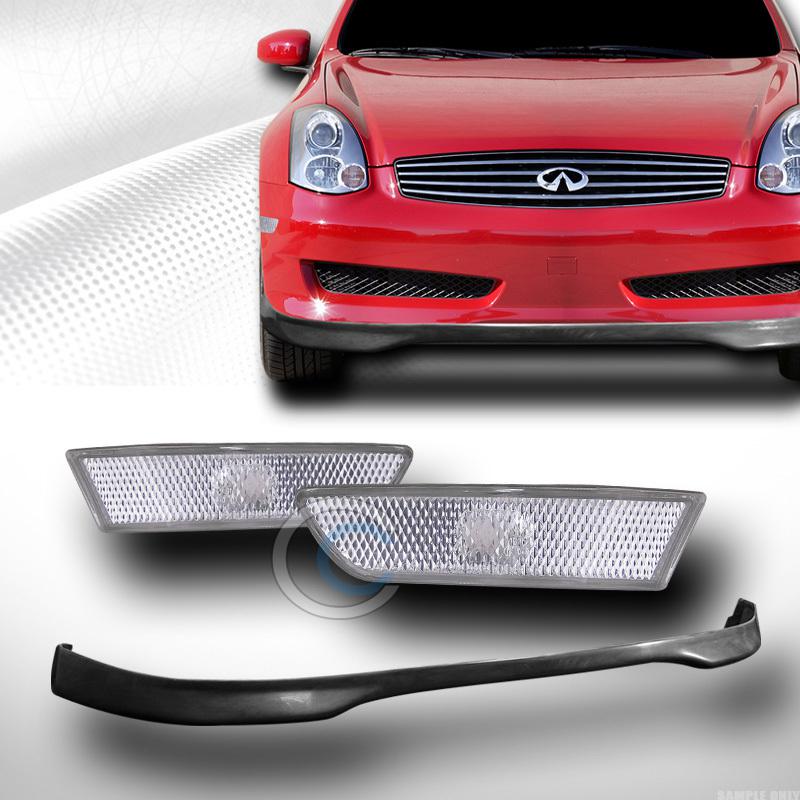 Blk n1 pu front bumper lip kit+side marker lights clear yd 03-06 infiniti g35 2d