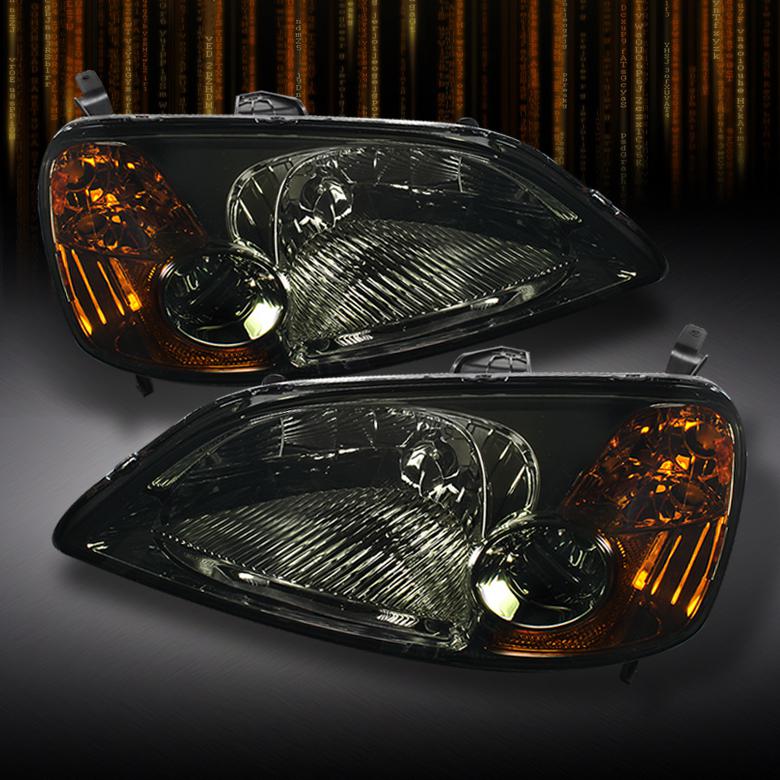 Smoked 01-03 honda civic 2/3/4dr crystal headlights lamp left+right pair lights