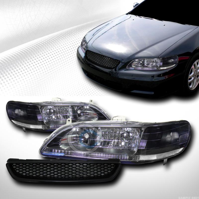 Blk head lights lamps signal dy+mesh grill grille abs 98-02 honda accord 2d 2dr