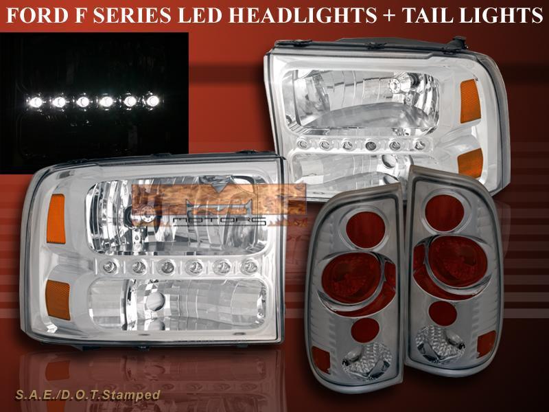 1999-2004 ford f250 f350 super duty chrome headlights led + smoke tail lights 