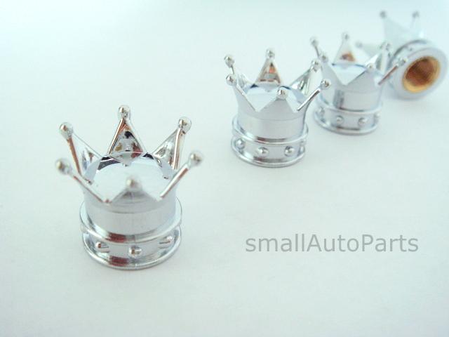 (4) chrome silver crown tire/wheel stem air valve caps set car truck hot rod atv