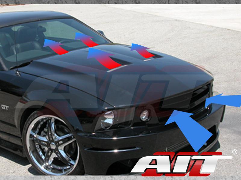 2005-2009 ford mustang t6 style fiberglass hood body kit + free hood pin