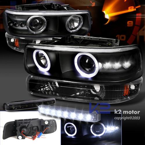 Blk 99-02 silverado halo smd projector headlight+bumper lights+led drl fog lamp