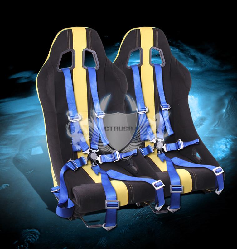 2x jdm f1 blk/yellow stripe stitch fabric racing seat w/sliders+6-pt blue belt