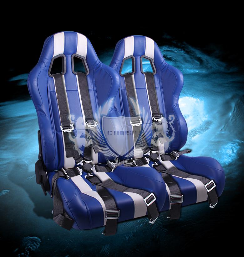 2x jdm f1 blue/white stripe  pvc racing seat w/sliders +6-pt blk camlock pair