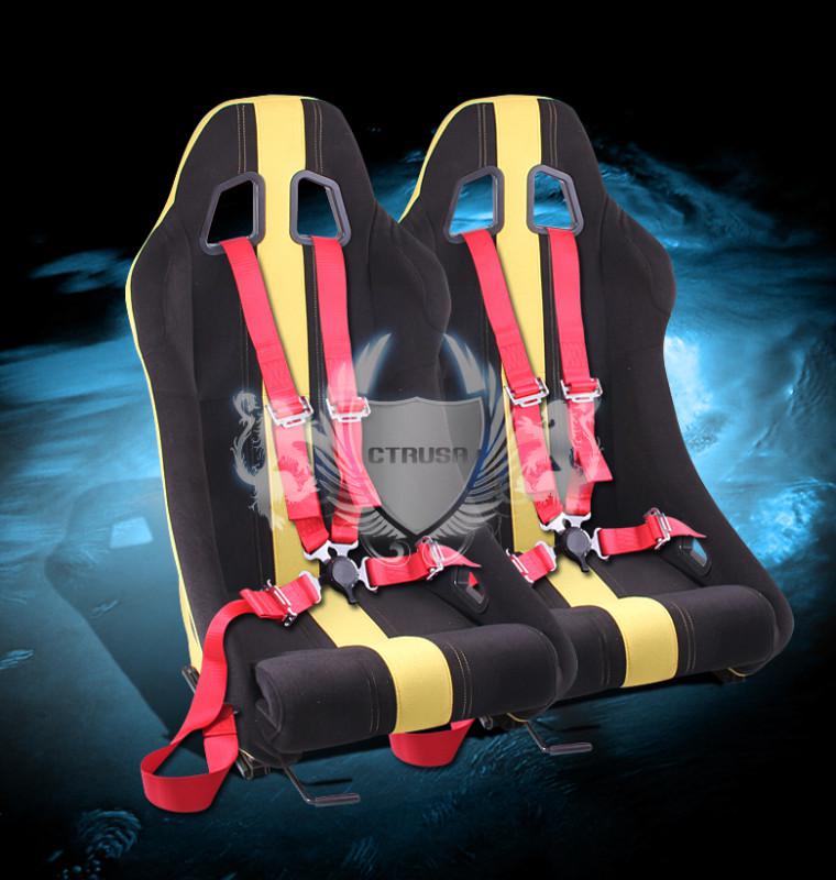 2x universal black/yellow stripe fabric racing seats +4-pt red camlock harness