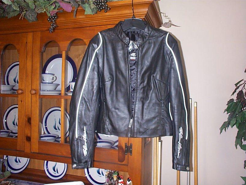 Arlen ness ladies black leather motorcycle jacket sz. lg. reflective piping