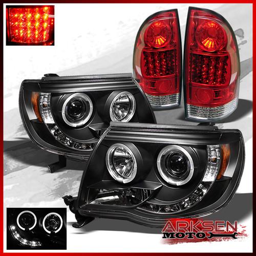 05-11 tacoma black halo projector drl led headlights+red clear led tail lights