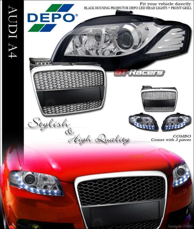 Depo blk drl led projector head lights+r style grill grille sl 2006-2008 a4 b7