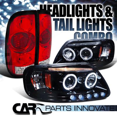 97-03 f150 styleside glossy black led halo projector headlights+red tail lamps