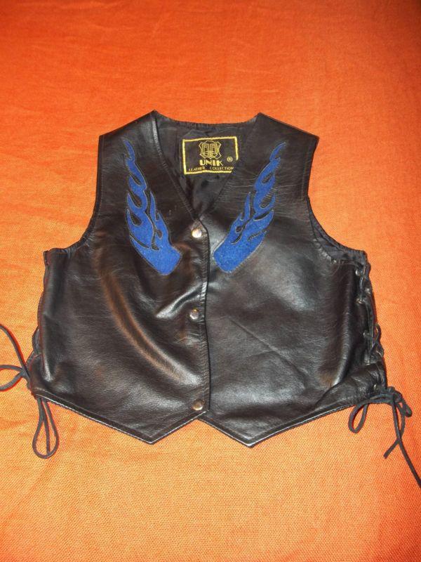 Unik black leather vest w/ blue suede flames and lace up sides *excellent shape*