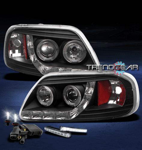 97-03 f-150/97-02 expedition halo led black projector head lights+drl signal+hid