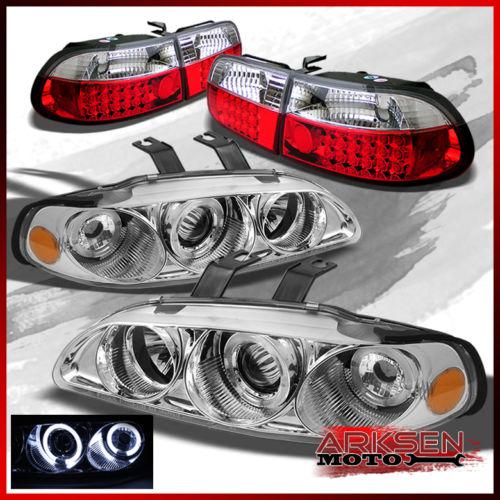 92-95 civic 4dr 2x chrome halo projector headlights+red clear led tail lights