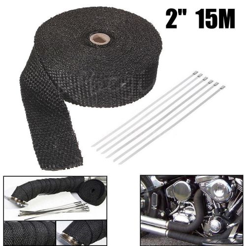 2&#034; 50ft 15m roll fiberglass exhaust header pipe heat wrap tape +6 ties kit black