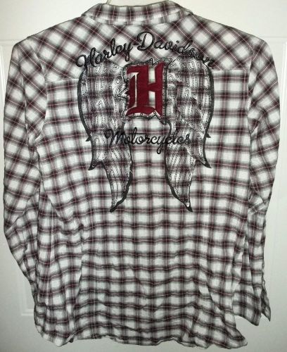 Harley davidson women&#039;s embroidered wings ls red plaid button down shirt large