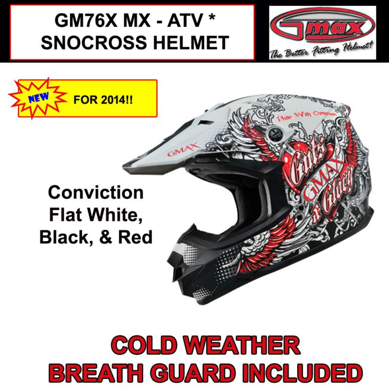 Gmax gm76x 2014 mx atv snocross helmet conviction fl wt/b/r (s,m,l,xl,2x,3x) nib