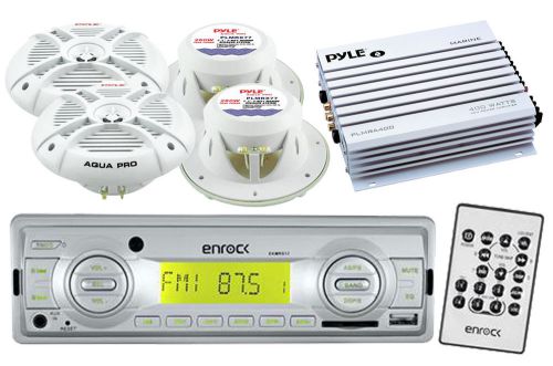 7.7&#034; marine white speakers, 400w marine amplifier, enrock marine usb aux radio