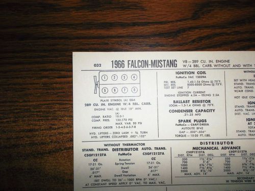 1966 ford falcon &amp; mustang eight series models 289 ci v8 4bbl tune up chart