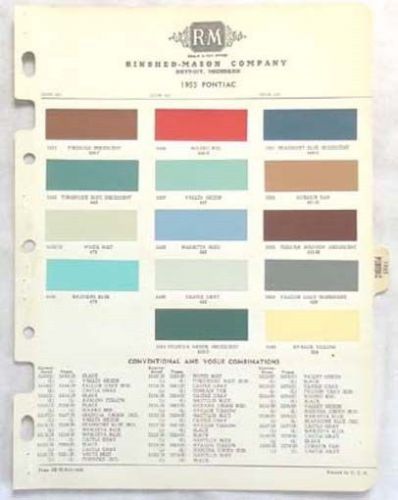 1955 pontiac r-m color paint chip chart all models original