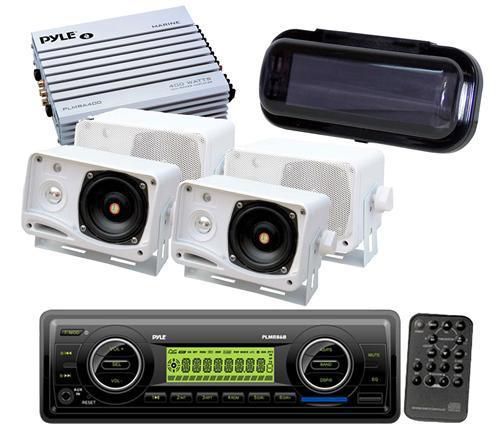 Plmr86b pyle new marine boat usb am fm radio 4 box speakers + 400w amp &amp; cover