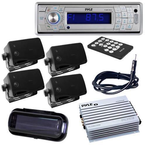 Pyle plmr17bts boat sd usb stereo bluetooth 4 box speakers 400wamp cover antenna