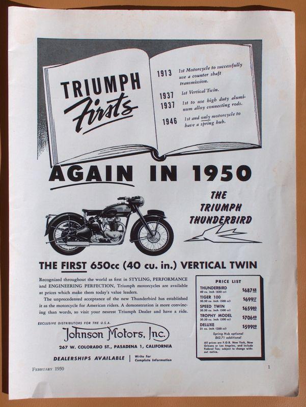 Lg302   1950 triumph thunderbird single page ad!