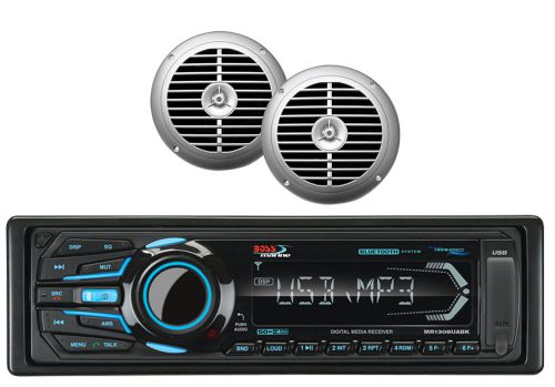 2 silver 6.5&#034; 120w marine speakers &amp; boss ipod usb bluetooth aux marine radio