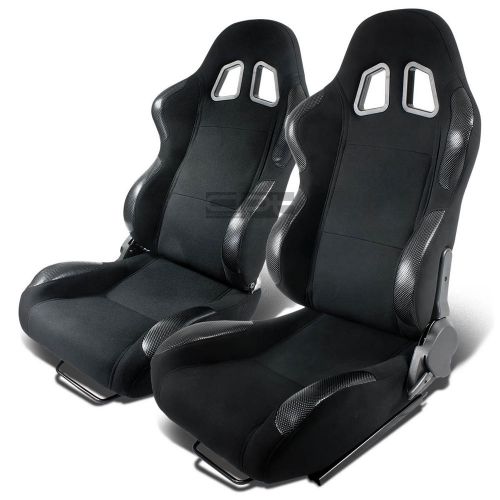 X2 full reclinable driver/passenger black canvas/woven bucket racing seats+rail