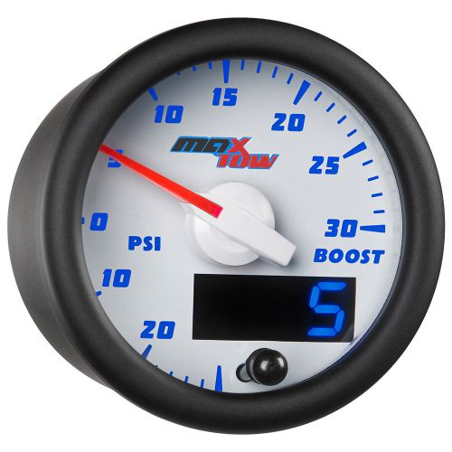 52mm white &amp; blue maxtow double vision 30 psi boost/vacuum gauge - mt-wbdv01