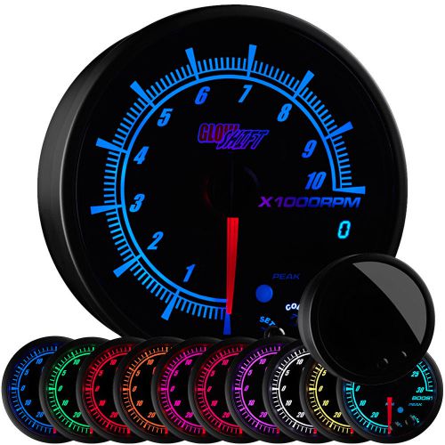 3 3/4&#034; glowshift black elite 10 color tachometer rpm gauge w. stepper motor