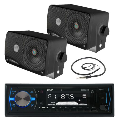 Black pyle 3.5&#034; marine box speakers, pyle am fm usb marine receiver, antenna