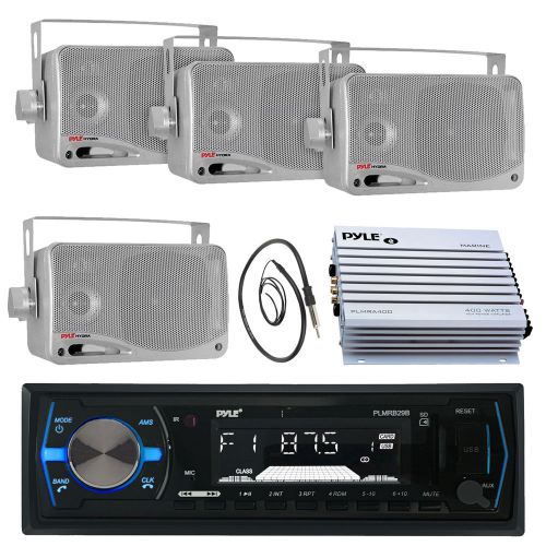 3.5&#034; silver box marine speakers, plmrb29b usb aux radio, antenna, 400w amplifier