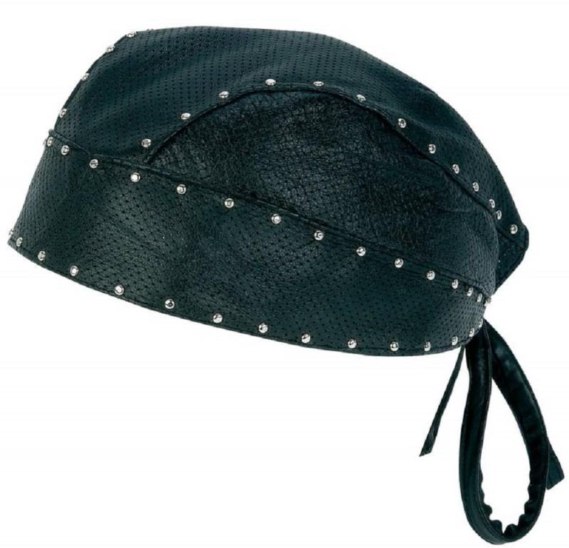 Tough biker motorcycle genuine solid leather perforated du rag skull cap & studs