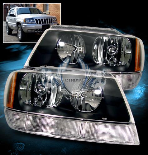 99-04 jeep grand cherokee crystal black blk headlights lh rh head lamps assembly