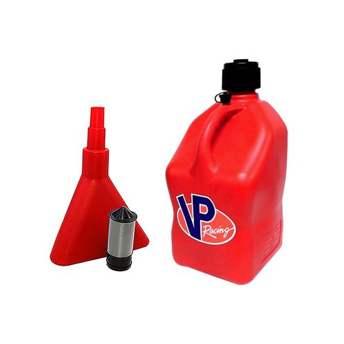 Vp racing red square 5 gallon race gas alcohol diesel can fuel jug funnel/filter