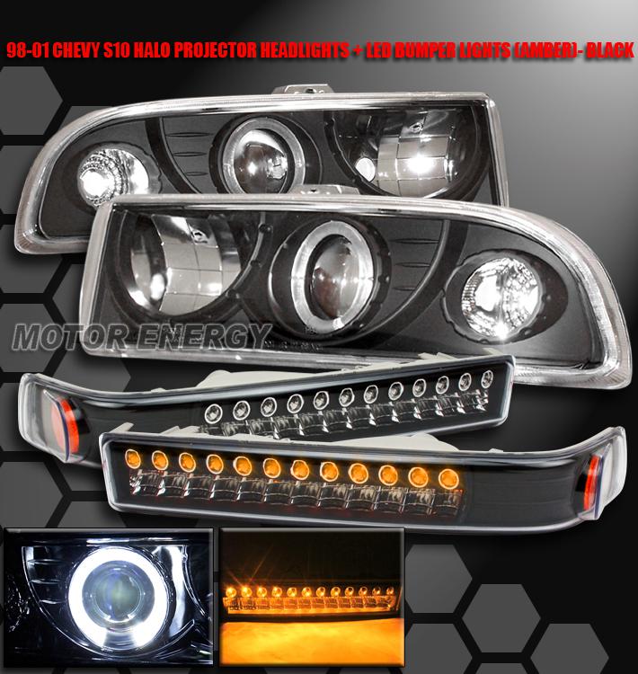 1998-2004 chevy blazer s10 halo projector head lights+led bumper black 2002 2003