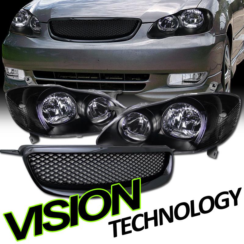 L+r jdm blk crystal head lights lamps+sport abs front bumper grill 03-04 corolla