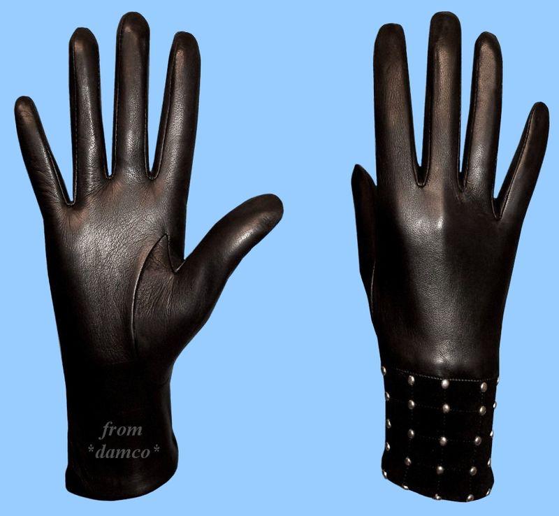 New womens black lambskin leather gloves - lamb fur lining sz 7.5 free shipping