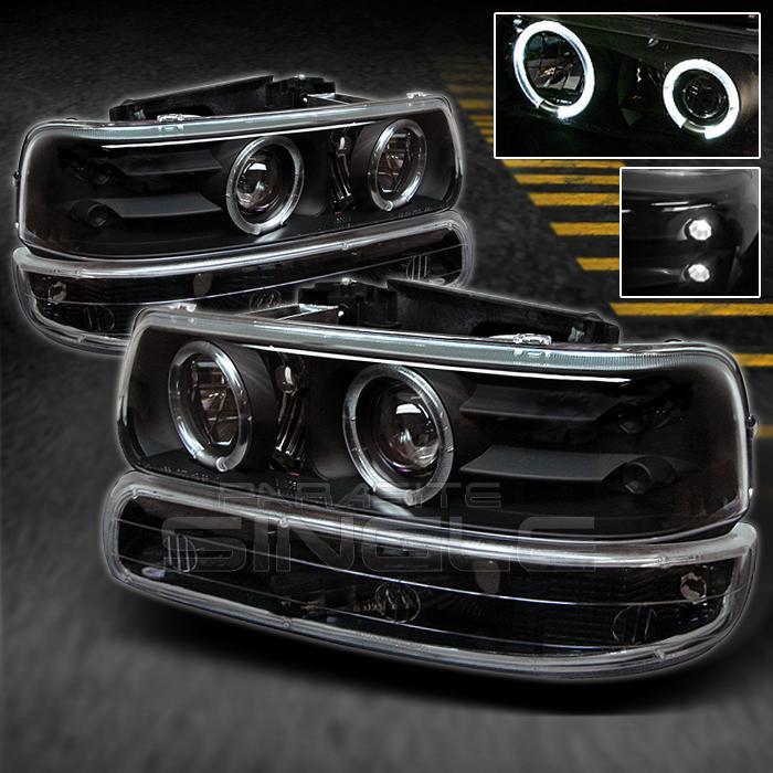 Black 99-06 silverado suburban tahoe halo projector headlights+ bumper lamps